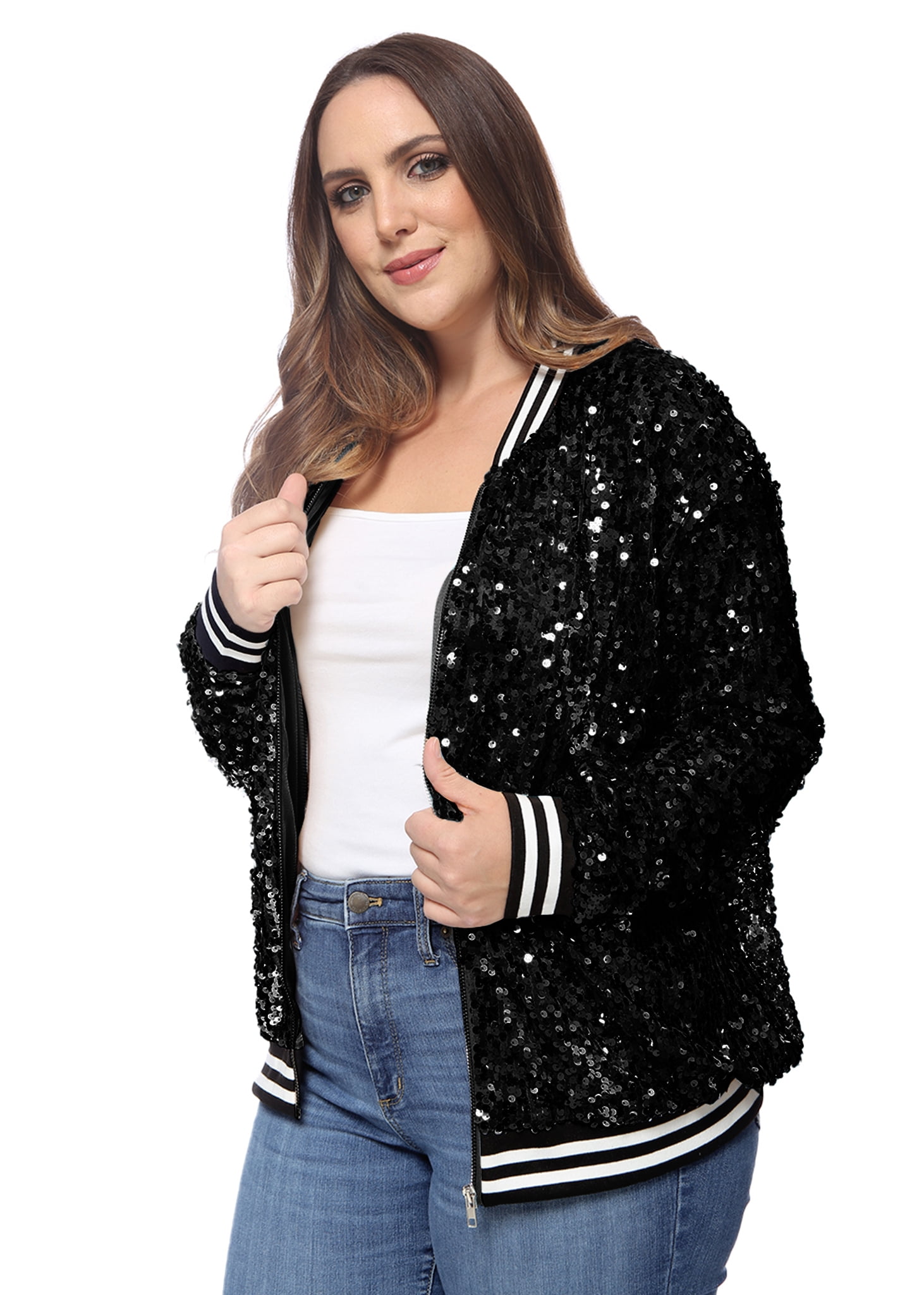 Women's Plus Size Sparkly Jacket Long Sleeve Zip Up Sequin Bomber