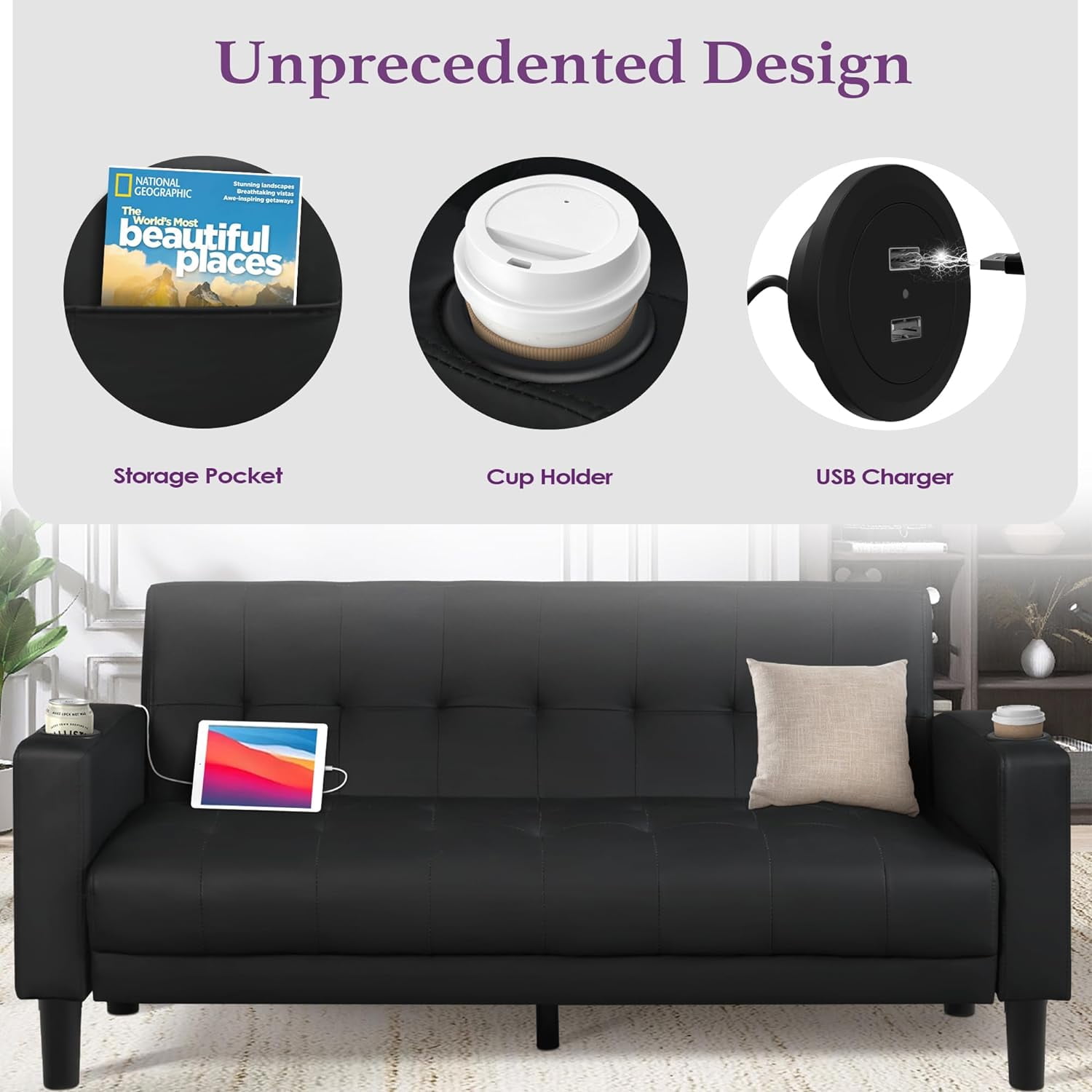 Coewske 62''W Faux Leather Sofa Couch Tufted Loveseat w/ 2 USB Charger Ports & Cup Holders Black