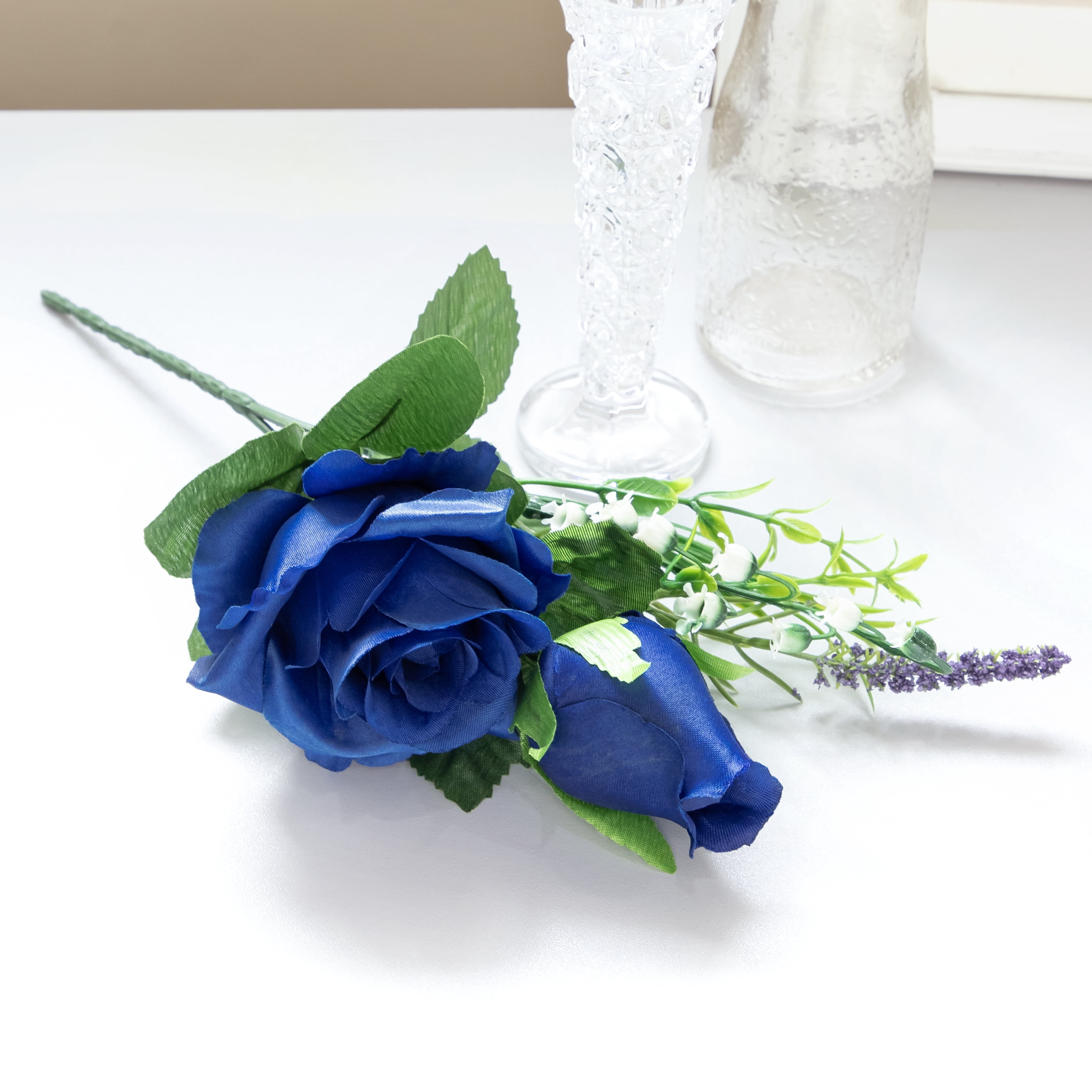 4 pack) 12-inch Artificial Silk Blue Roses Mixed Flower Pick, for