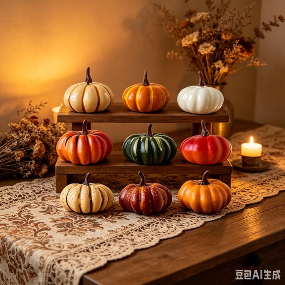 9 Pack Mini Artificial Pumpkins Decor, Assorted Multi Color Small Fake Pumpkins, Fall Harvest Tabletop Ornaments for Halloween Thanksgiving Home Farmhouse DIY Decor