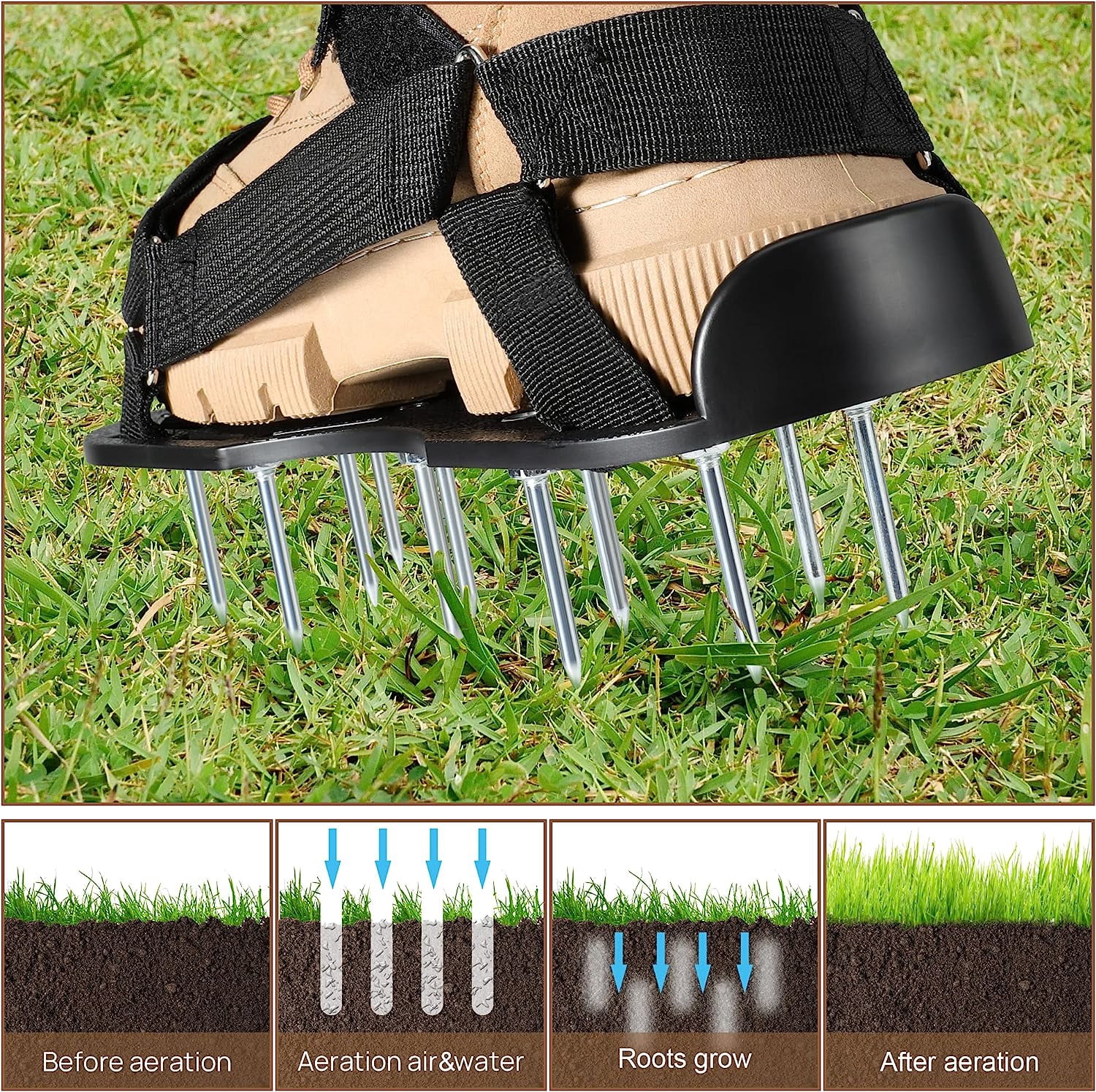 Lawn Aerator Shoes Pre-Assembled - 26 Heavy Duty Steel Spikes (2.4"), Stainless Base Plate, Adjustable Metal Buckle Straps Walk Behind Grass Sandals for Yard Care