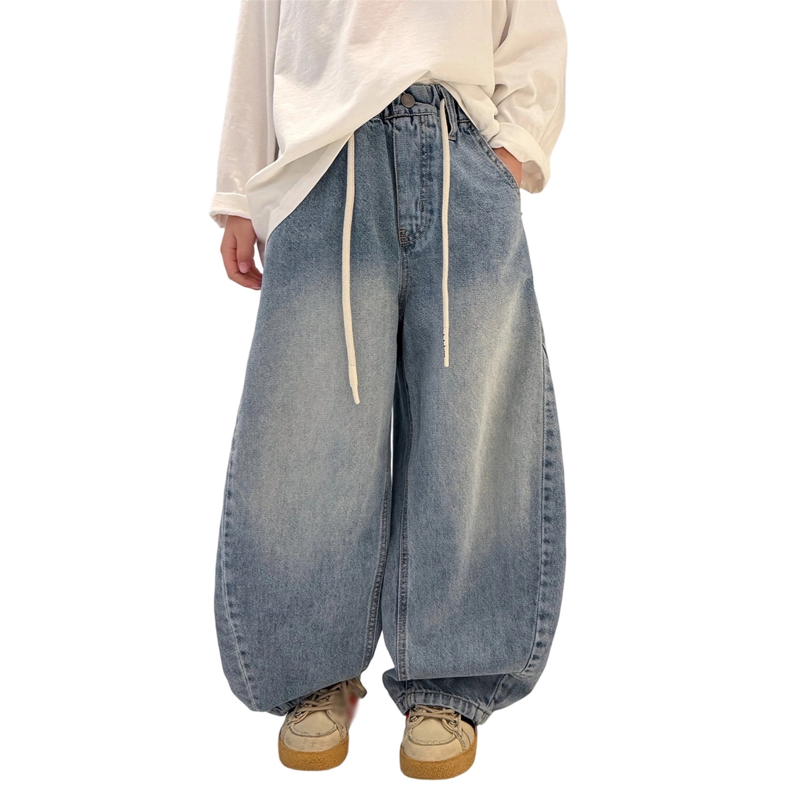 Curuila Child Boys Denim Pants Elastic Waistband Solid Color Straight Leg Pants For Boys Spring Autumn Casual Soft Joggers Trousers Size 10-11 Years