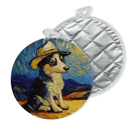 

2 PCS Pot Holders for Kitchen Potholders Sets with Hook for Oven Cooking Baking Dog In Van Gogh - Inspired Scene