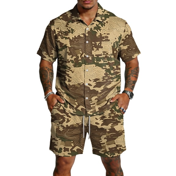 Dwelliawo Men's 2 Piece Camo Tree Print Outfit Short Sleeve Button Down Shirt and Drawstring Shorts Set, Casual Summer Beach Hawaiian Outfits for Hunting Fishing Light Brown M