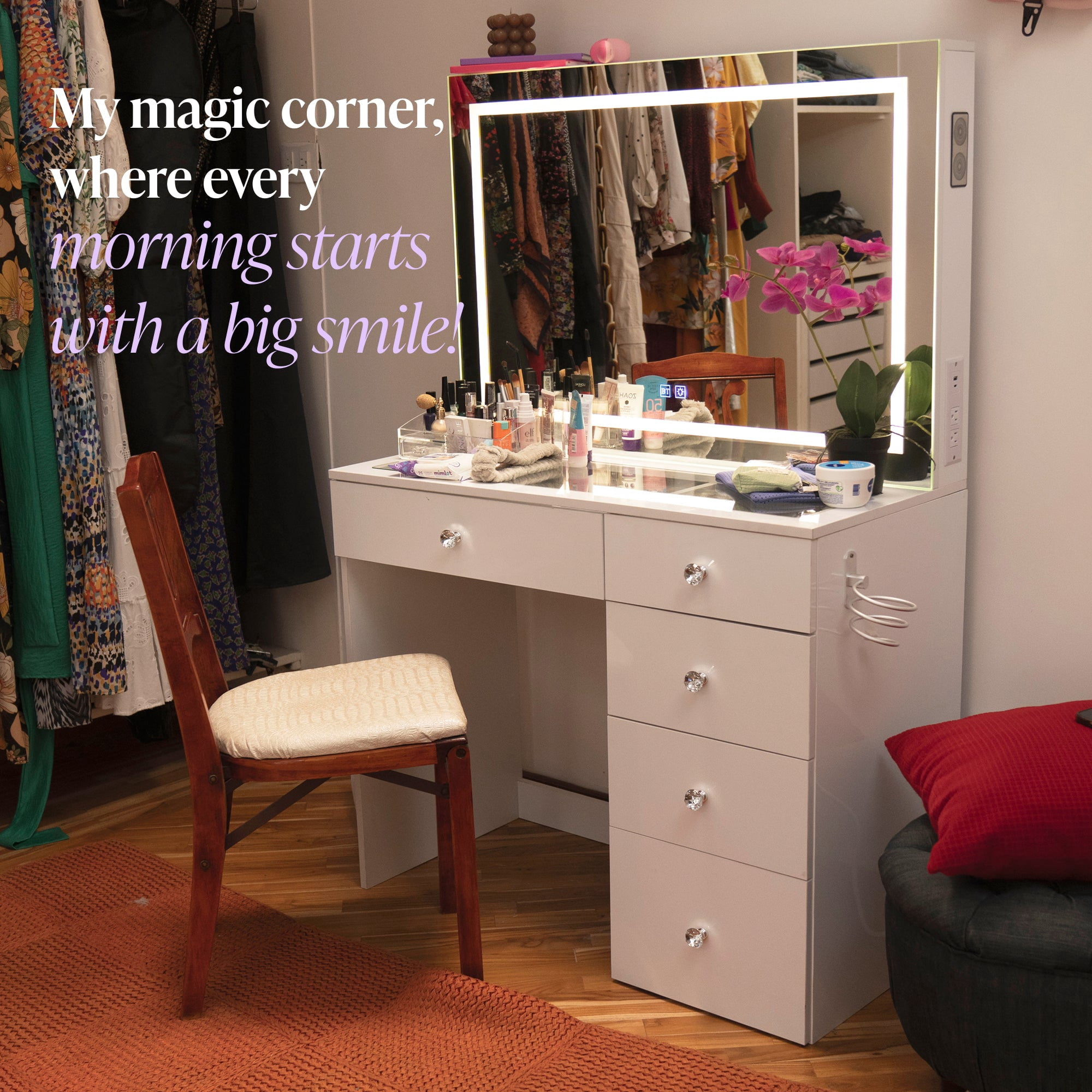 Boahaus Lyra Vanity Desk with LED Mirror and Built-In Speakers – Compact Makeup Vanity Table with Storage and Power Outlet
