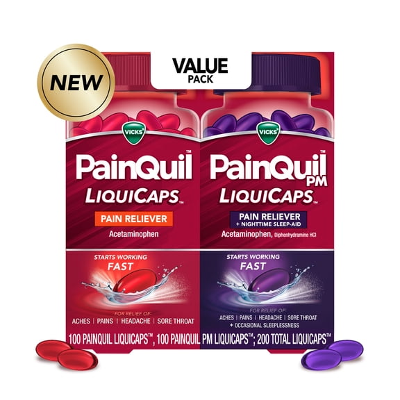 Vicks PainQuil Max Strength Pain Relief LiquiCaps, Day/Night Combo, 200 count