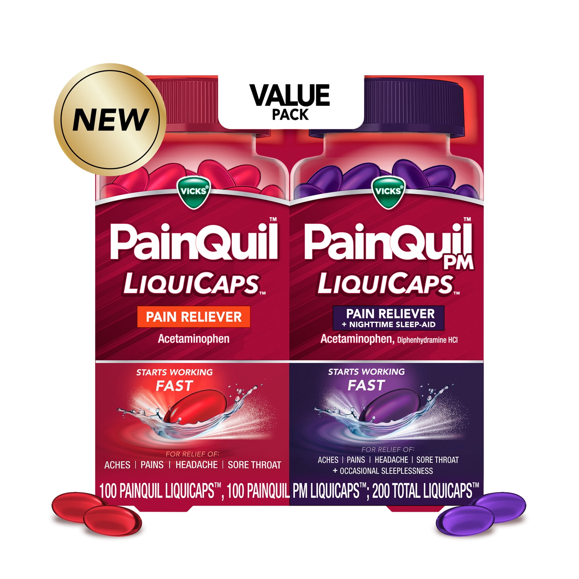 Vicks PainQuil Max Strength Pain Relief LiquiCaps, Day/Night Combo, 200 count