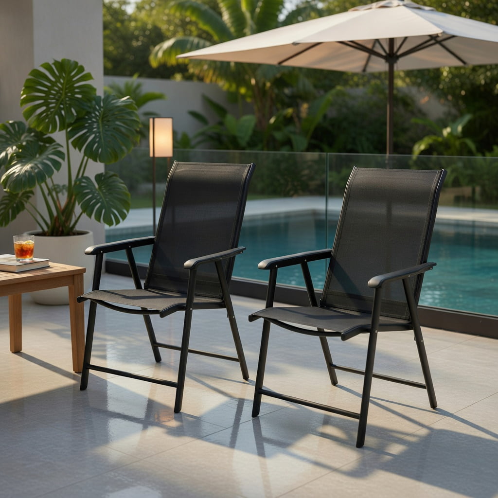 Hommoo 2-Pack Foldable Outdoor Patio Chairs with Ergonomic Armrests, Heavy-Duty Steel Frame, Weather-Resistant Fabric, Black