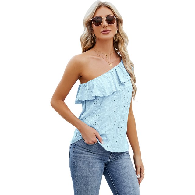 Fjuchai Womens Summer Tank Tops Sleeveless Ruffled One Shoulder Vest Solid Shirts Vest Tees Shirts Button Slim Round Neck Sleeveless Top