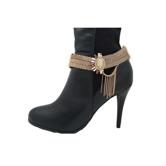 Women Gold Mesh Metal Chain Boot Bracelet Shoe Sun Charm Tassel