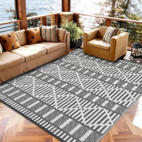 Woven Outdoor Plastic Straw Rug for Garden Backyard Portable Foldable Carpet Easy Care Picnic Mat Modern Leaves Woven Rugs Grey White 9x18ft