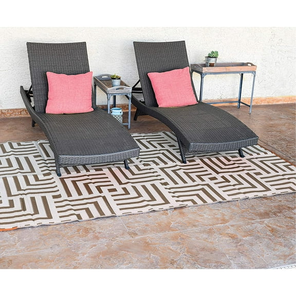 Reversible Mat 6x9 Foot Outdoor Polypropylene Pattern Patio Rug, Brown/Beige