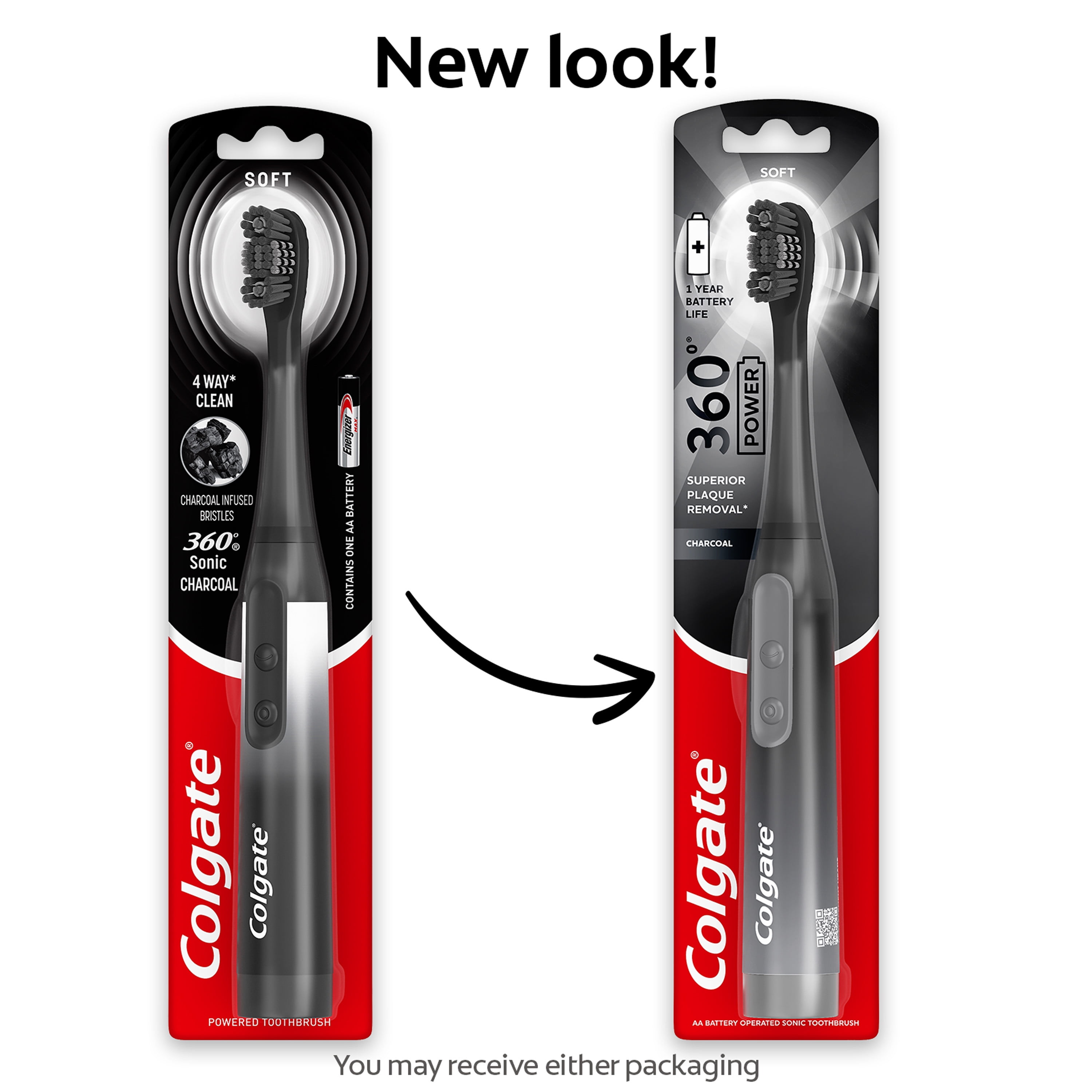 (3 pack) Colgate 360 Power Charcoal Battery Operated Toothbrush, Black, 1 AA Battery Included