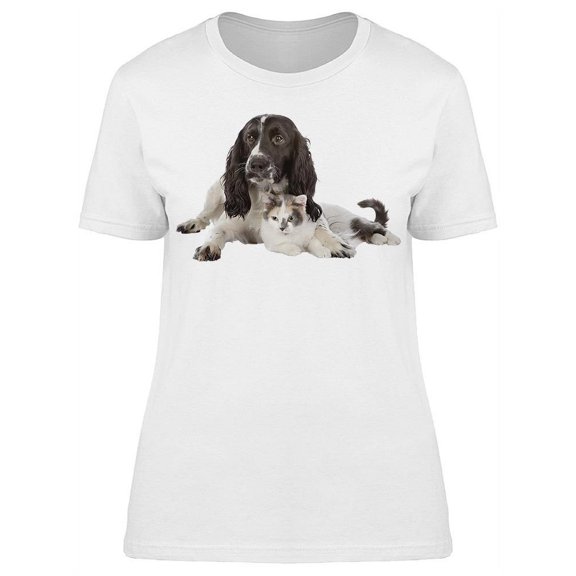 Spaniel Dog With Cat Relaxing T-Shirt Women -Image by Shutterstock, Female Large