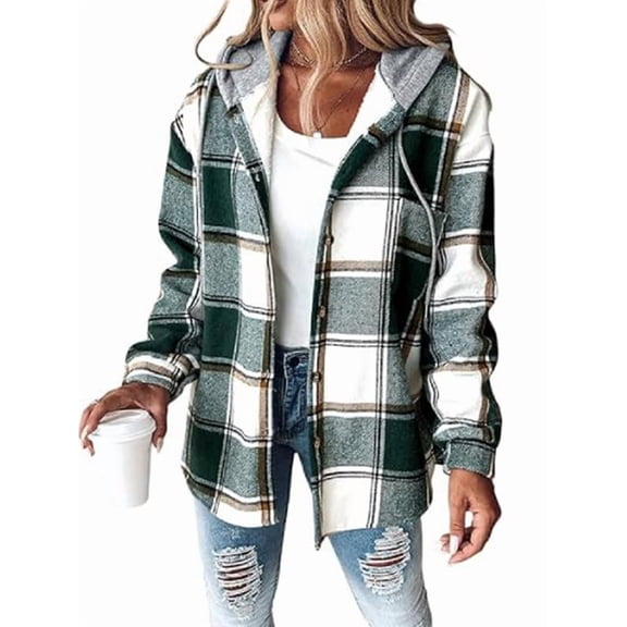 Women'S Casual Jacket Plaid Long Sleeve Shacket Fleece Lined Hooded Jackets Warm Coat Green 5XL