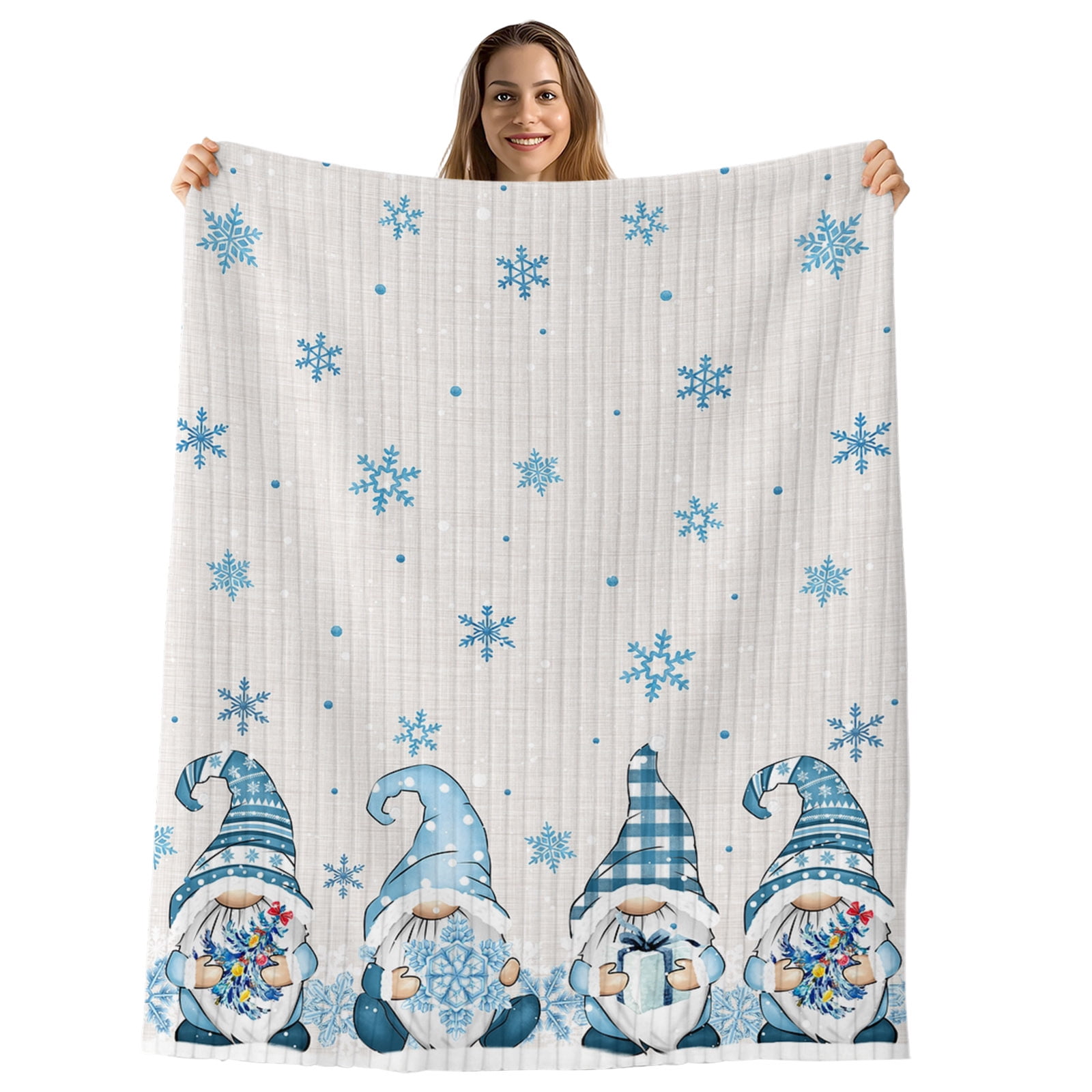 Blue Gnomes Christmas Throw Blanket,Flannel Fleece Blanket with Striped Design for Couch,Blue Winter Snowflake Xmas Tree Rustic Soft Breathable All Season Plush Blankets for Sofa Chair Travel 32"x48"