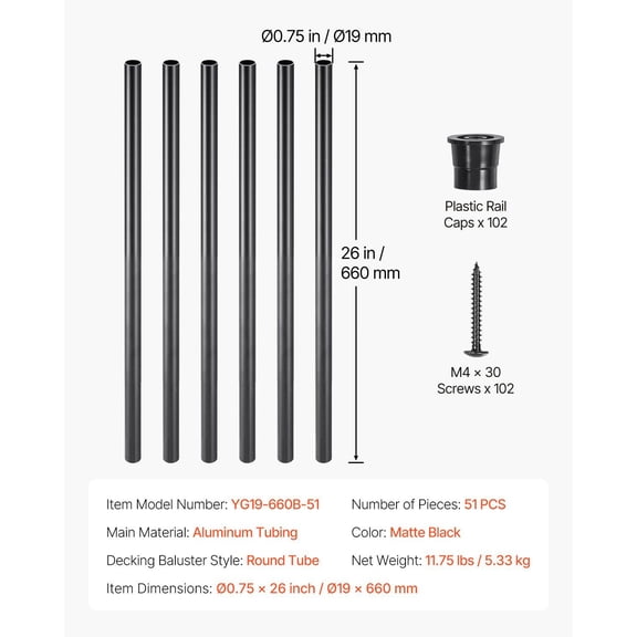 51 Pack 26 Inch Metal Stair Balusters - Aluminum Spindles with Rail Caps and Mounting Hardware