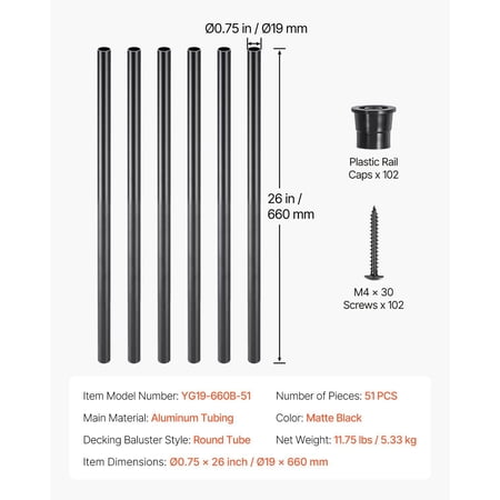 51 Pack 26 Inch Metal Stair Balusters - Aluminum Spindles with Rail Caps and Mounting Hardware