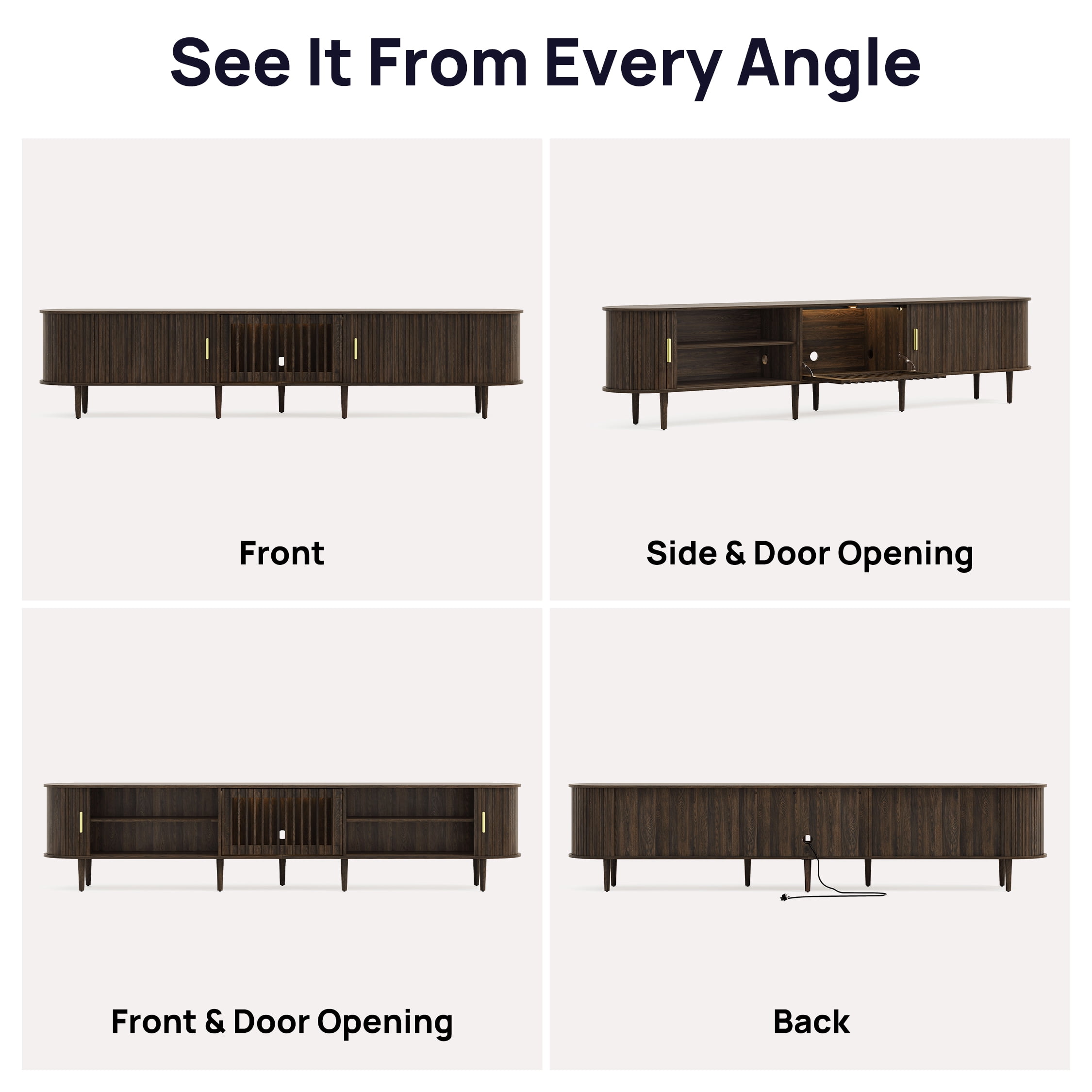 CHIC HOUSE 95" Extra Long TV Stand for 85/90/98/100" TVs with LED Light, Mid-Century Modern Entertainment Center with Storage Shelves & Sliding Tambour Door, Walnut