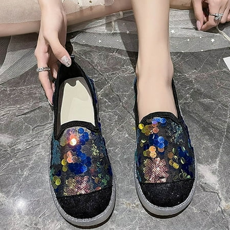

PhoneSoap Fashion Summer And Autumn Women Casual Shoes Flat Soft Bottom Comfortable Mesh Breathable Sequins Shiny Blue