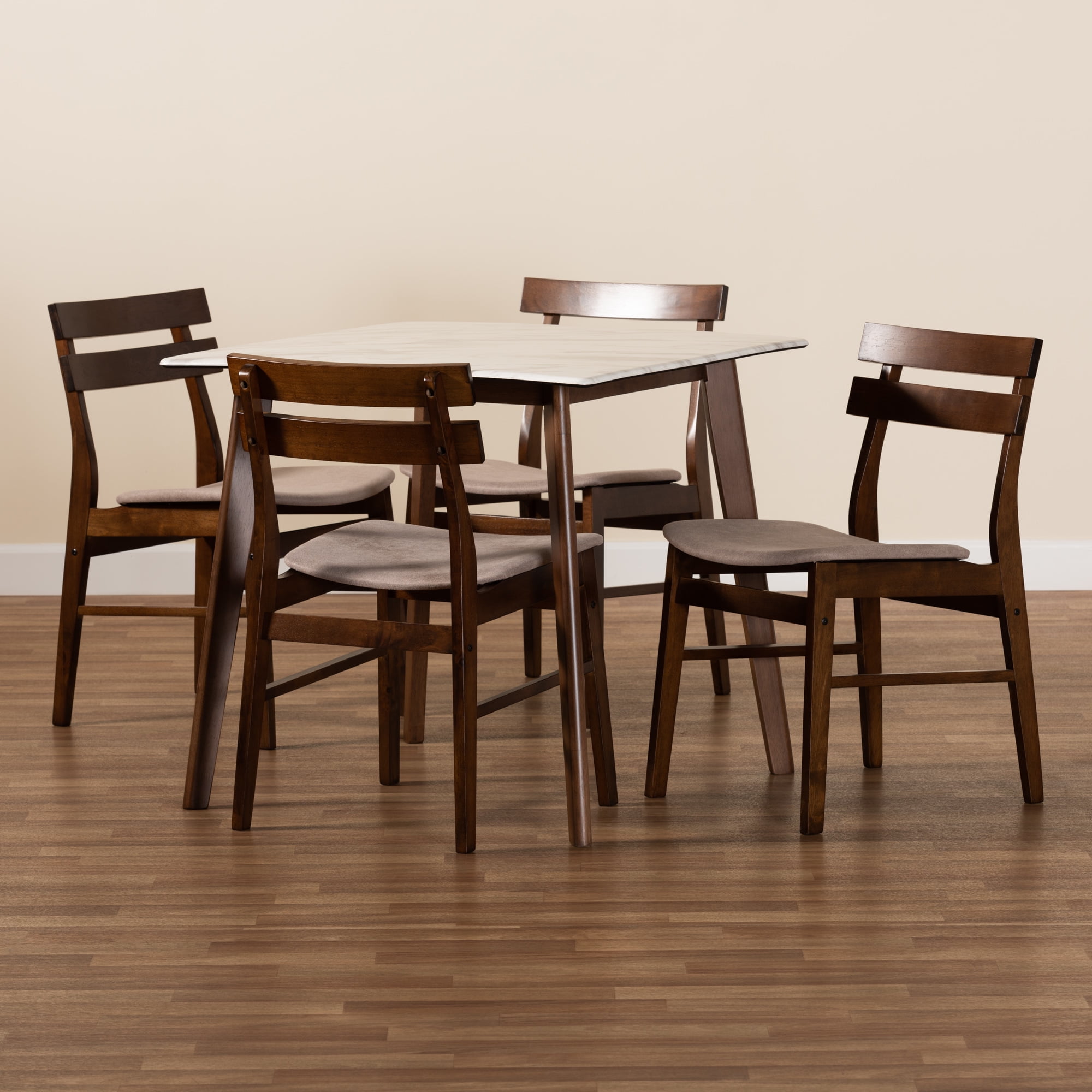 Baxton Studio Richmond Mid-Century Modern Light Beige Fabric Upholstered and Walnut Brown Finished Wood 5-Piece Dining Set with Faux Marble Dining Table