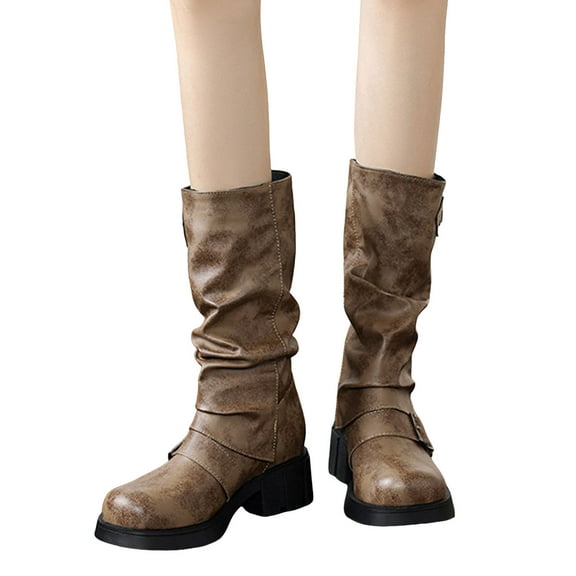 Women's Mid Calf Leather Slouchy Platform Riding Boots Fold Over Wide Calf Booties Round Toe Slip On Punk Motorcycle Boots Khaki Size 8.5