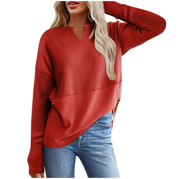 Lenpel Long Sleeve Shirts for Women Loose Casual V Neck Solid Color Knitted Tunic Tops Trendy Fall Outfits
