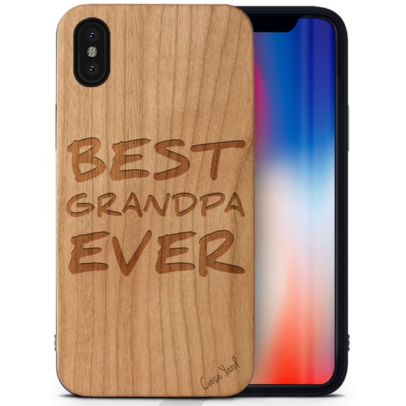 Case Yard Wooden Case Outside Soft TPU Silicone, Slim Fit Shockproof Wood Protective Phone Cover for Girls Boys Men and Women, Supports Wireless Charging Best Grandpa Ever Design case for iPhone-X
