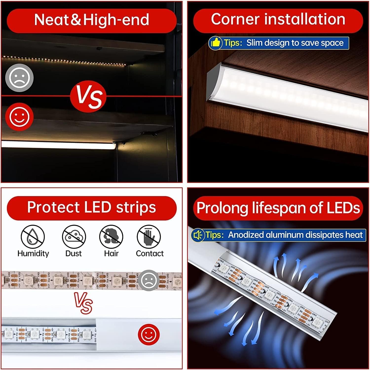 V-Shape Under Cabinet Lighting Kit - 4pcs 12" Dimmable Slim LED Light Bars for Showcase Shelf Seamless Illumination - 1200lm, 12W - Warm White 3000K