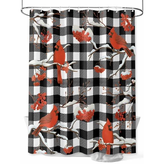 Christmas Cardinal Bird Shower Curtain Set ,Waterproof Fabric Shower Curtains Winter Red Birds Black White Plaid Shower Curtains for Bathroom,Bathroom Decor 36"x72"