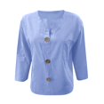 thumbnail image 5 of Linen Tops for Women Summer V Neck 3/4 Length Sleeve Womens Tops with Button Roll-Up Sleeve Casual Loose Fit Blouses Blue M, 5 of 5