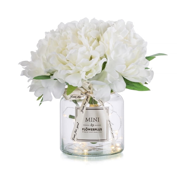 Nuptio Fake Flowers in Vase for Table: Artificial Hydrangea Flowers with Glass Vase LED Light Centerpieces Vanity Decor