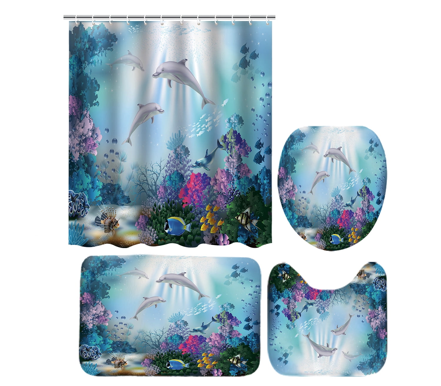 Kids Dolphin Shower Curtain and Bath Rug Set 4 Pcs Fabric Cute Blue Undersea Bathroom Curtain Set Decor 72x72 inches