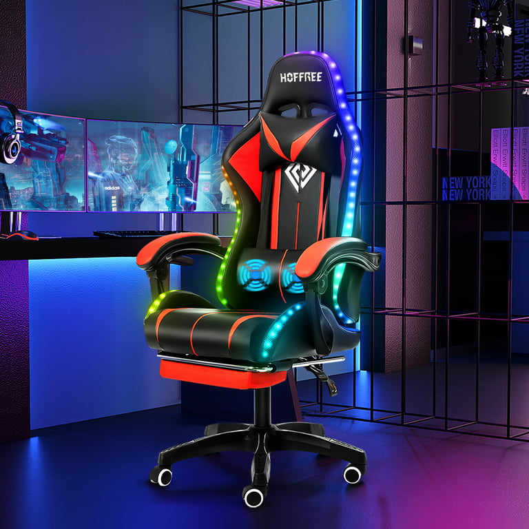 Massage Gaming Chair with RGB LED Lights Racing Office Computer Game Chair Swivel Ergonomic Executive PU Leather Chair with Adjustable Headrest and Lumbar and Footrest, 450lbs -