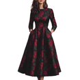 thumbnail image 6 of Women’s Black Satin Midi Dress Round Neck Three Quarter Sleeve Dress with Red Rose Print Hidden Side Pockets and Vintage Floral Style, 6 of 6