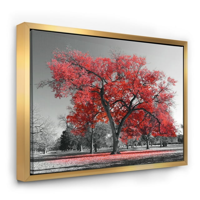 Designart - Big Red Tree on Foggy Day - Landscape Framed Canvas Art Print