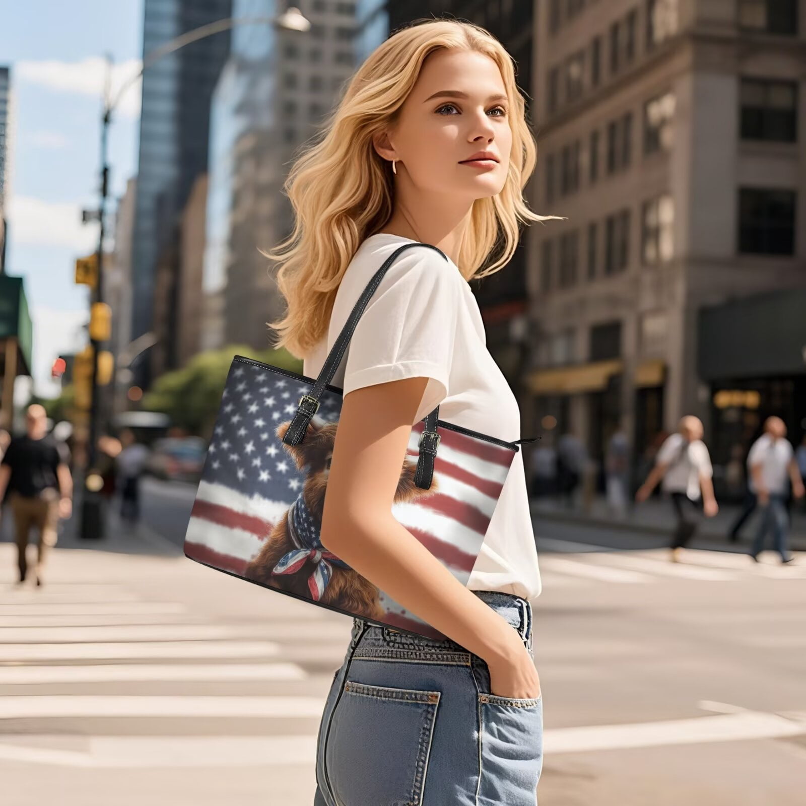 TSOVTHRID American Flag Highland Cattle Print Women's Handbag with Matching Wallet Tote Bag Top Handle Purse Satchel Clutch Wallet Set Hobo Shoulder Handbag for Shopping Working