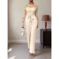 thumbnail image 4 of Women'S Lace Patchwork Round Neck Long Sleeve Formal Jumpsuit Solid Color Casual One-Piece Pants Apricot S, 4 of 9