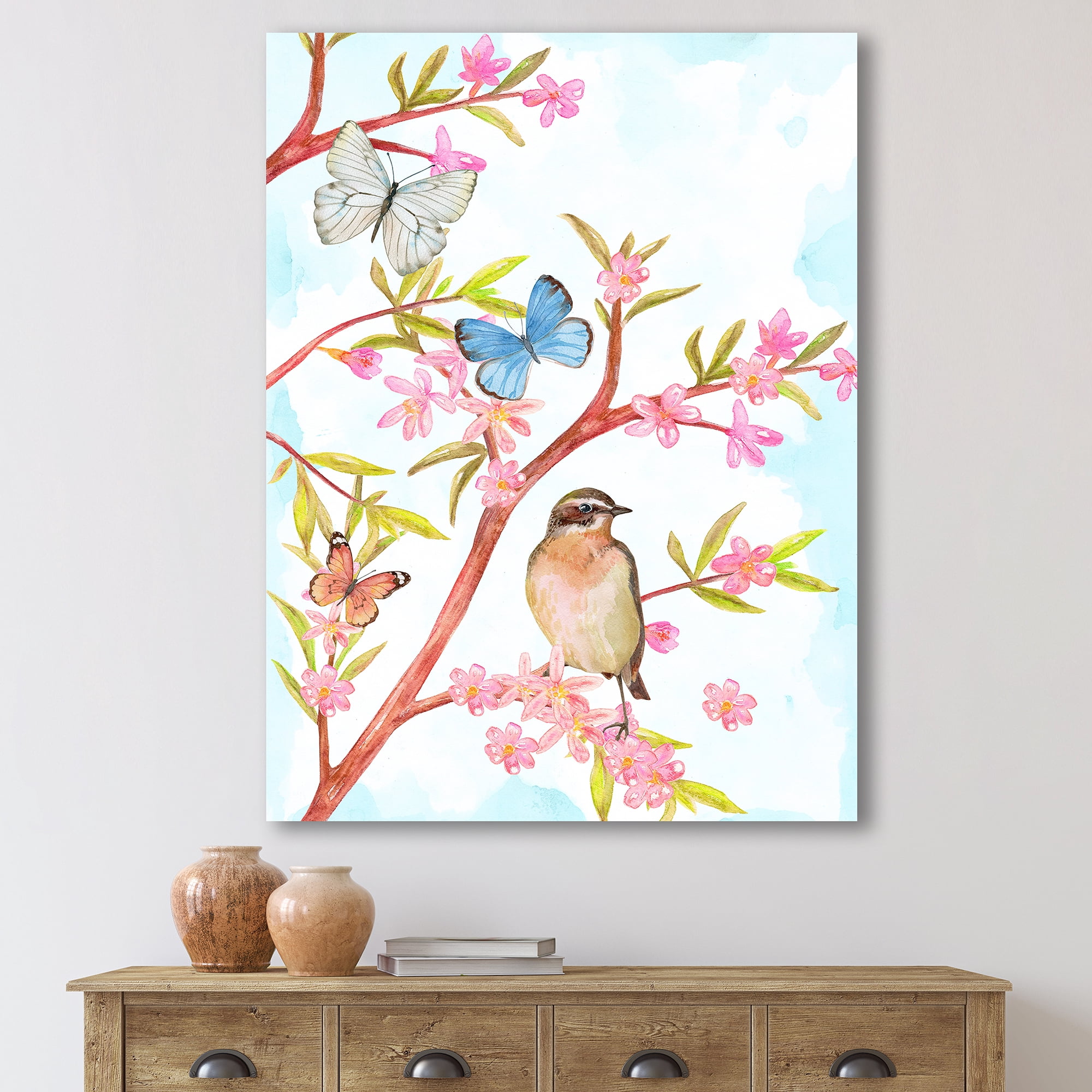Clever Bird Sitting On Branch of A Spring Tree With Butterflies 8 in x 12 in Painting Canvas Art Print, by Designart