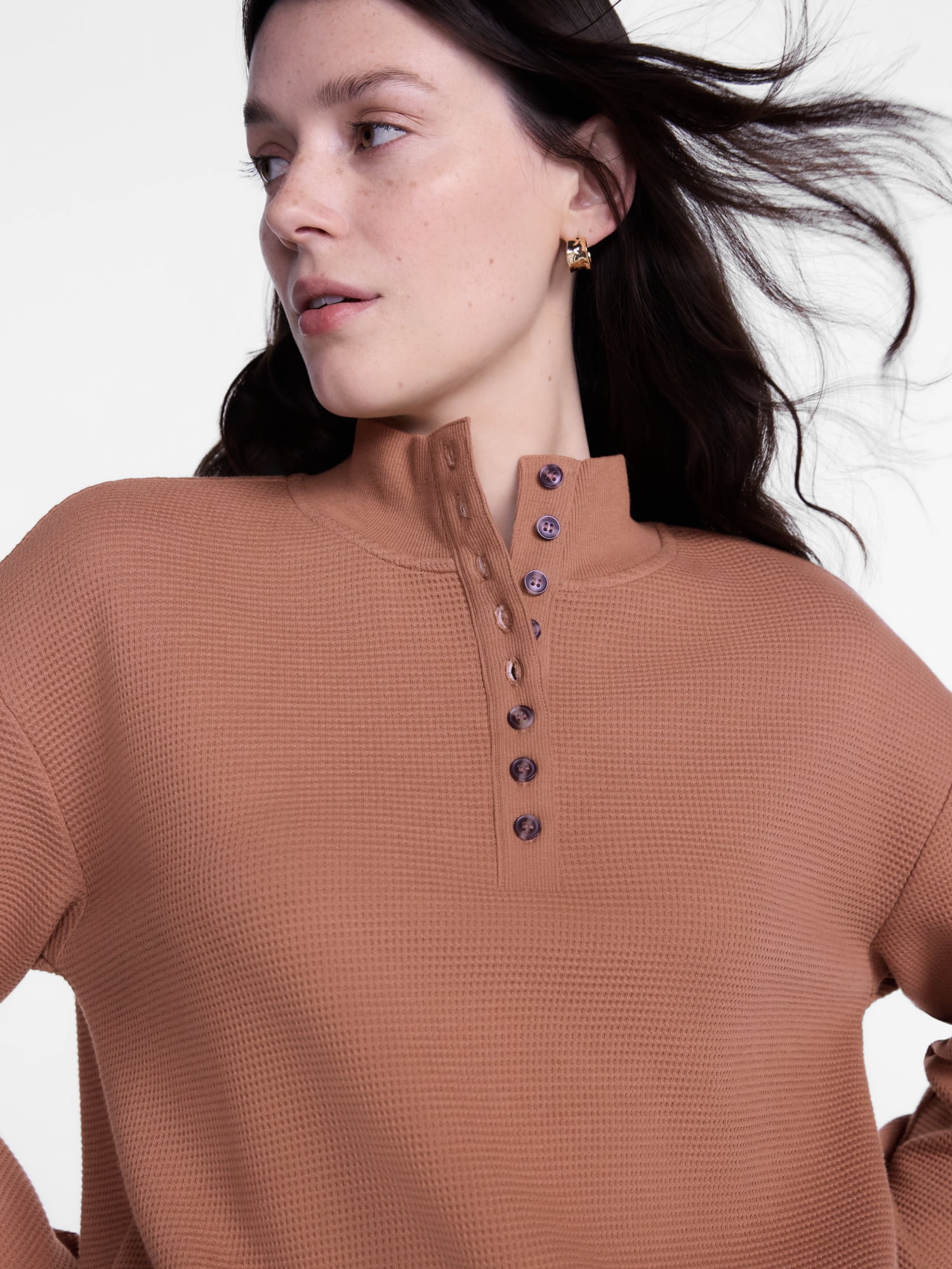 Scenario Women's and Women's Plus Waffle Knit Button Top with Long Sleeves, Sizes XS-4X