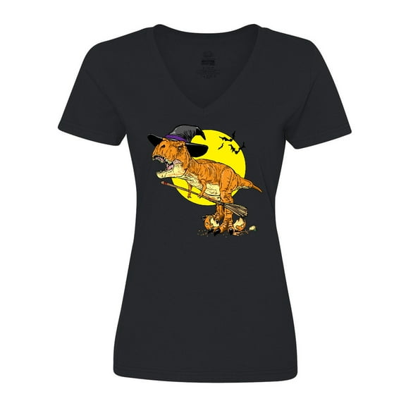 Inktastic Roaring Tyrannosaurus Rex Witch on Halloween Women's V-Neck T-Shirt