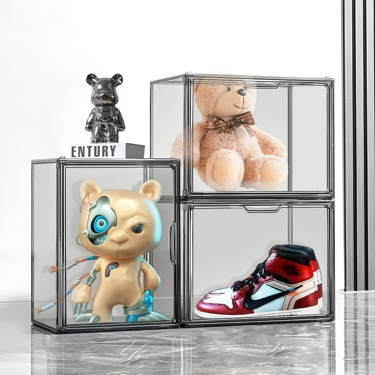 3 Pack Clear Gray Stackable Plastic Storage Bins with Magnetic Lid Dustproof Book Cosmetic Display Cases Large Figures Collectibles Showcase Shoe