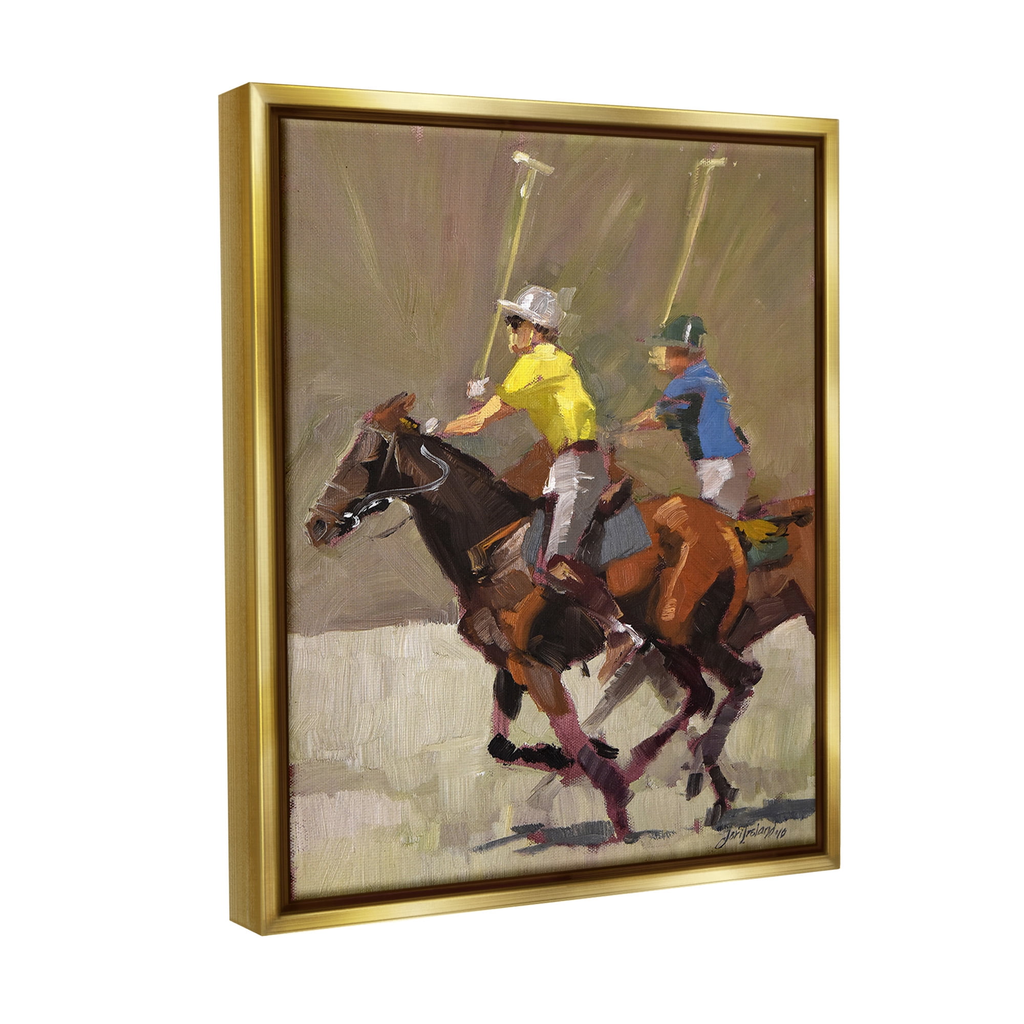 Stupell Industries Galloping Polo Players Animals & Insects Painting Gold Floater Framed Canvas Art Print Wall Art, 17 x 21