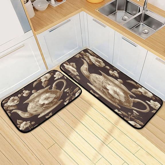Kitchen Rugs and Mats【2 PCS】Non Skid Fea Pot Decorate with Forals Creative Kitchen Mat