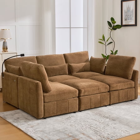 Modern Sectional Sofa Modular Sofa 85.4" U-shaped Sofa Couch Sofa Bed L-shaped Sofa with a Movable Ottoman and Two USB Ports and a Phone Holder for Living Room, Brown