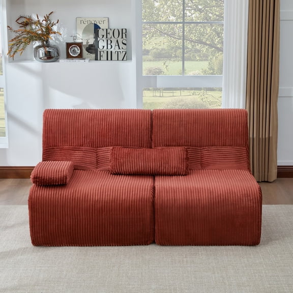 Modern Sectional Sofa 63.7" Boneless Modular Couch, Corduroy Loveseat with Ergonomic Curved Backrest, Space-Saving Sofa for Living Room Apartment Studio, Red