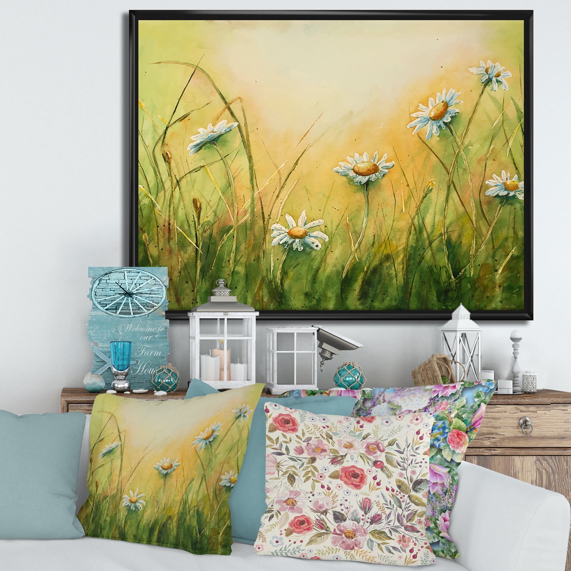 Sunset Field With Herbs and Chamomiles 40 in x 30 in Framed Painting Canvas Art Print, by Designart