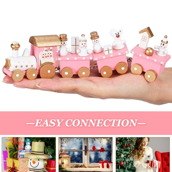 IBASETOY Train Decorations Pink Wood Train Set For Holiday Decor Christmas Theme 1 Set