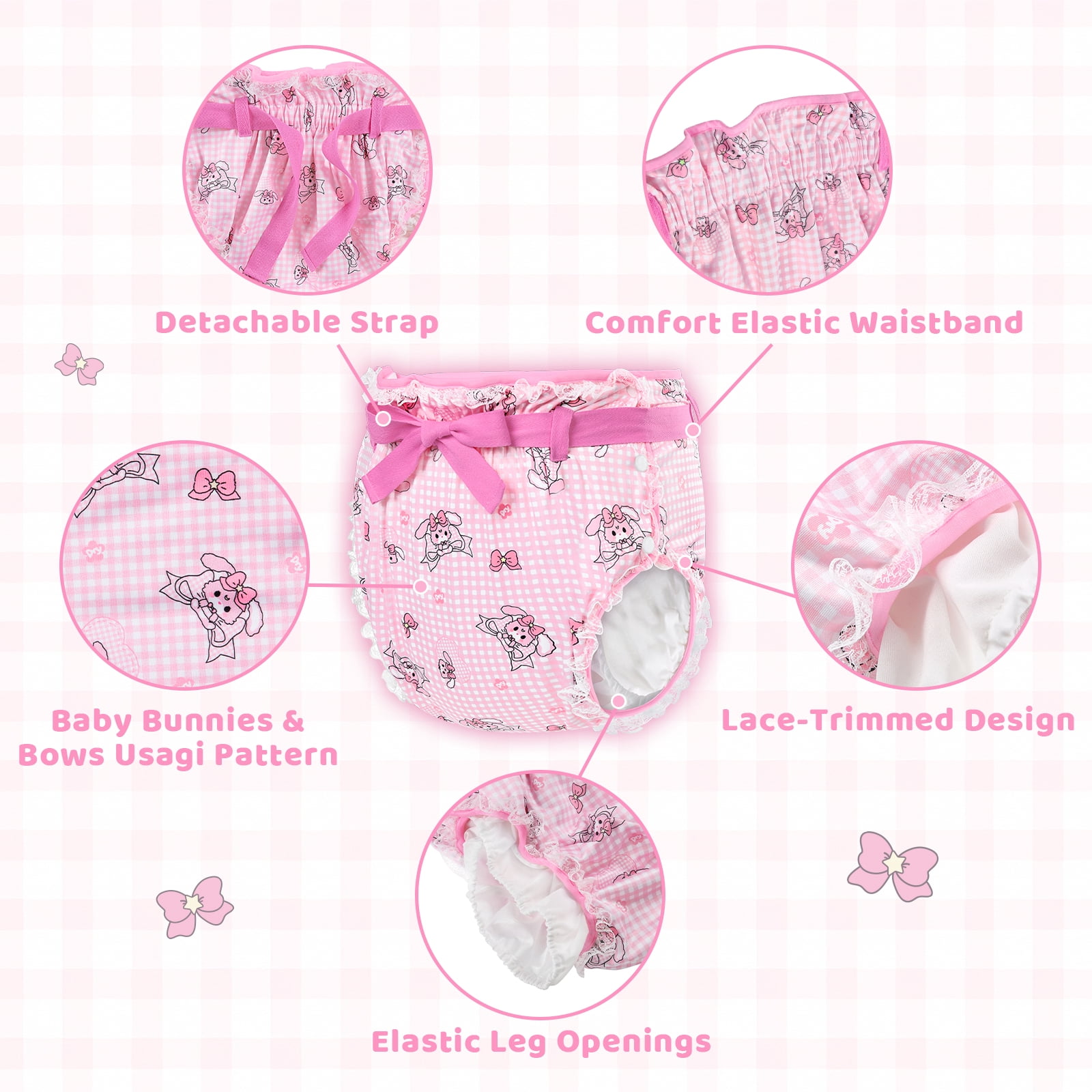 Littleforbig Silky Adult Ribbon Diaper Wrap Cover Washable Adjustable Reusable Waterproof - Bunnies & Bows Usagi L