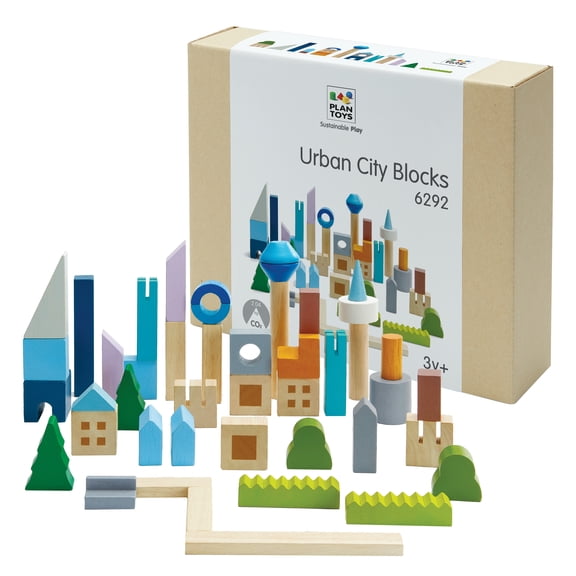PlanToys® Urban City Blocks Wooden Montessori Construction Set | Imagination, Creative Play and Early Language Exploration | Eco Friendly Building Block Set with 45 Pieces